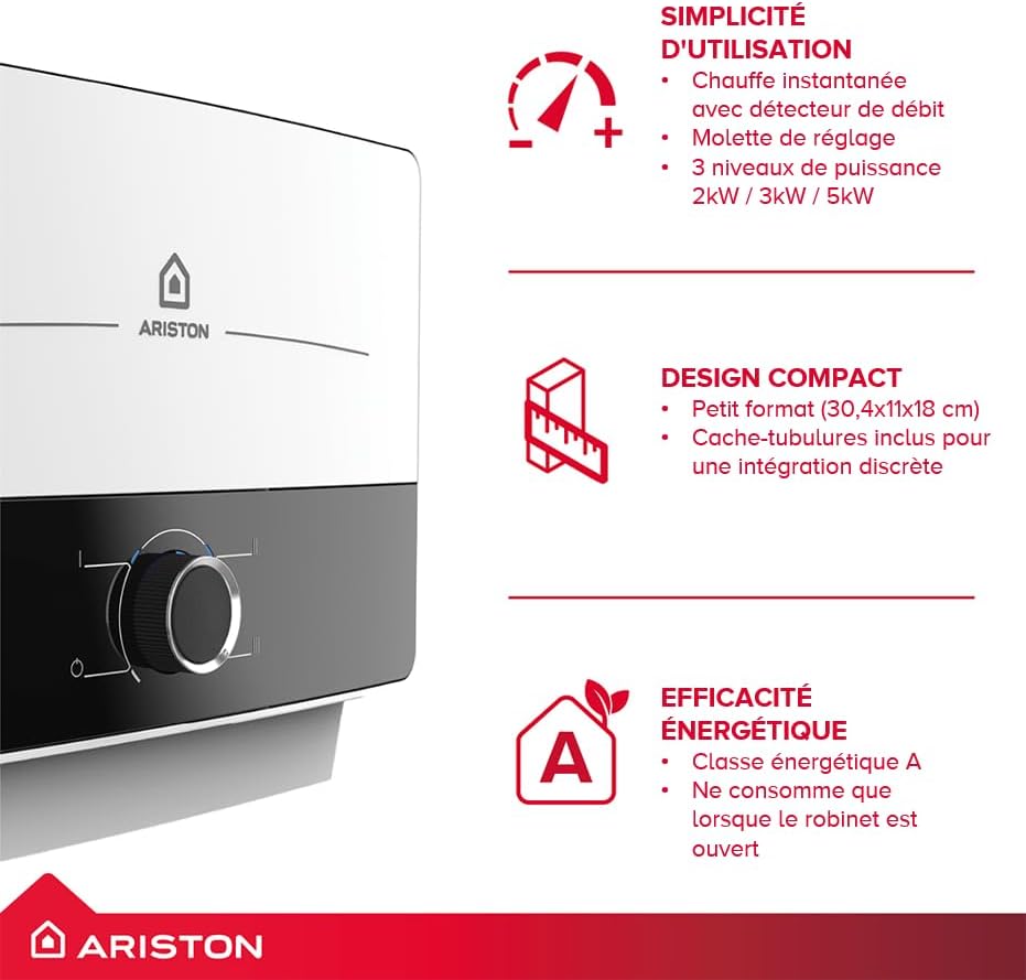 Ariston Aures Multi 5kW FR – Chauffe-Eau Instantané électrique Haute Pression – 32A – Multipoints de Puisage pour Confort Immédiat – Con?u pour une installation en France