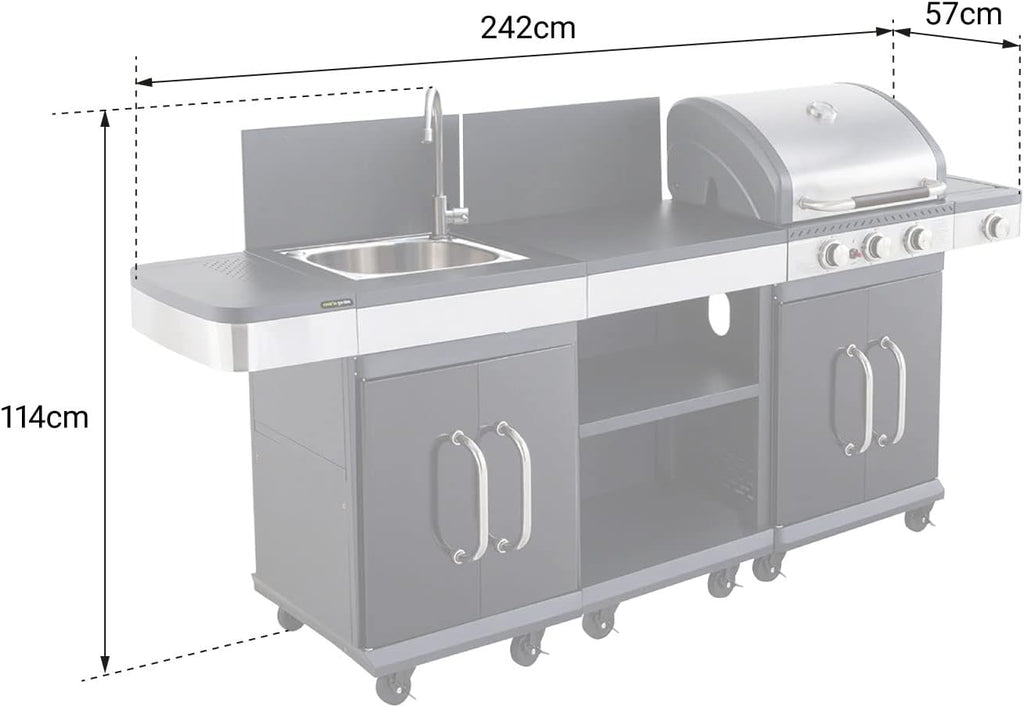 Cook'in Garden Cuisine extérieure modulable FIDGI 3 - Barbecue au gaz 3 br?leurs avec thermomètre  Meuble d'appoint desserte  et évier