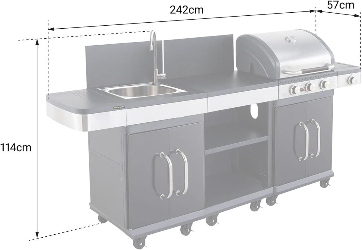 Cook'in Garden Cuisine extérieure modulable FIDGI 3 - Barbecue au gaz 3 br?leurs avec thermomètre  Meuble d'appoint desserte  et évier
