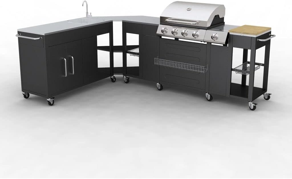 Grand barbecue à gaz GPL butane propane cuisine extérieure 4 br?leurs + 1 réchaud latéral 1 évier grand plan de travail inox espace de rangement 8 roues