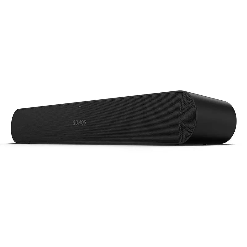 Zijaanzicht van de smalle, lage soundbar met metalen rooster