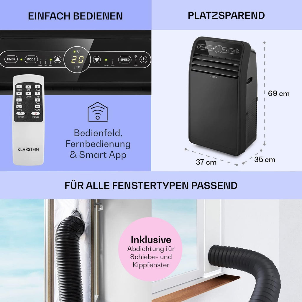 Produktbild: Klarstein Mobile Klimaanlage mit Abluftschlauch – Verpackung und Lieferumfang
