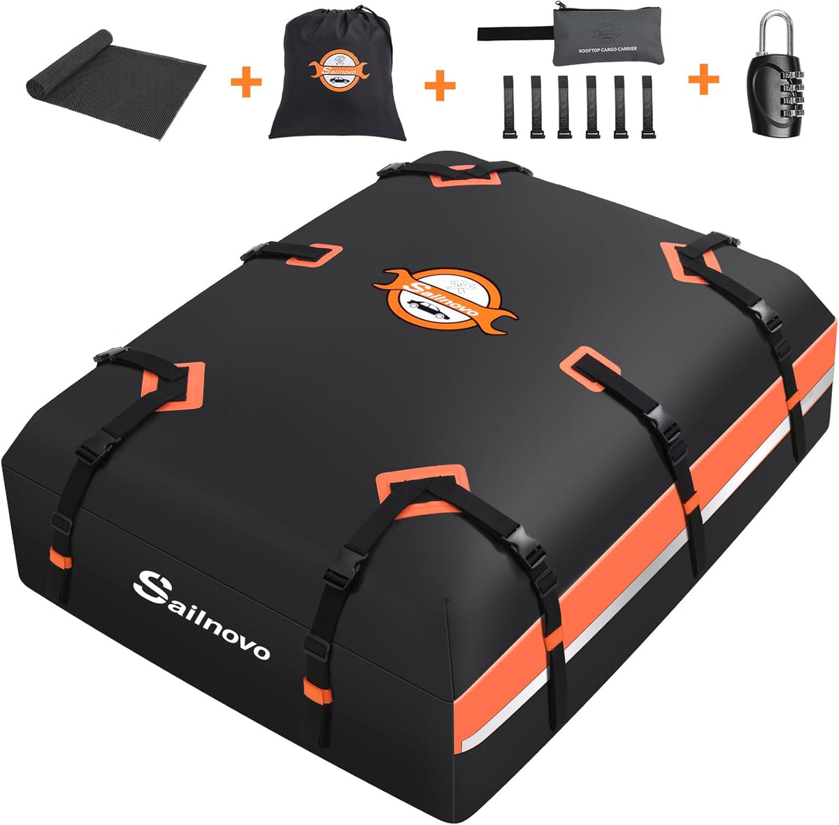 Sailnovo Coffre de Toit de véhicule étanche Sac de Toit Voiture pour Voyage Résistant aux Intempéries avec Tapis Antidérapant, 6 Crochets de Porte et Cadenas à Combinaison, 590L 1000D PVC
