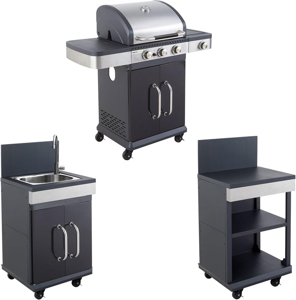 Cook'in Garden Cuisine extérieure modulable FIDGI 3 - Barbecue au gaz 3 br?leurs avec thermomètre  Meuble d'appoint desserte  et évier