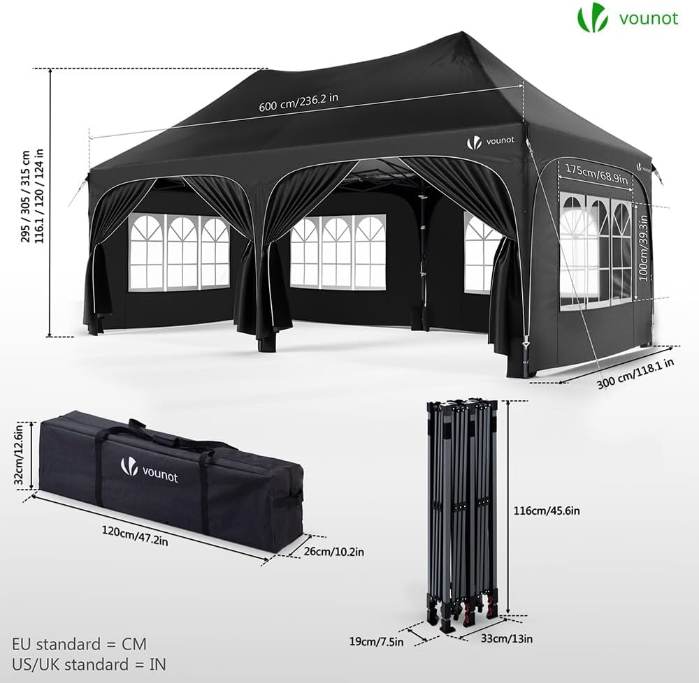 VOUNOT? Tonnelle de Jardin Extérieur 3x6m Barnum Pliant avec 6 Parois Amovibles et 6 Sacs de Sable Tente de Reception Imperméable et Anti-UV pour Camping Festival Mariage Sac de Transport Inclus Noir
