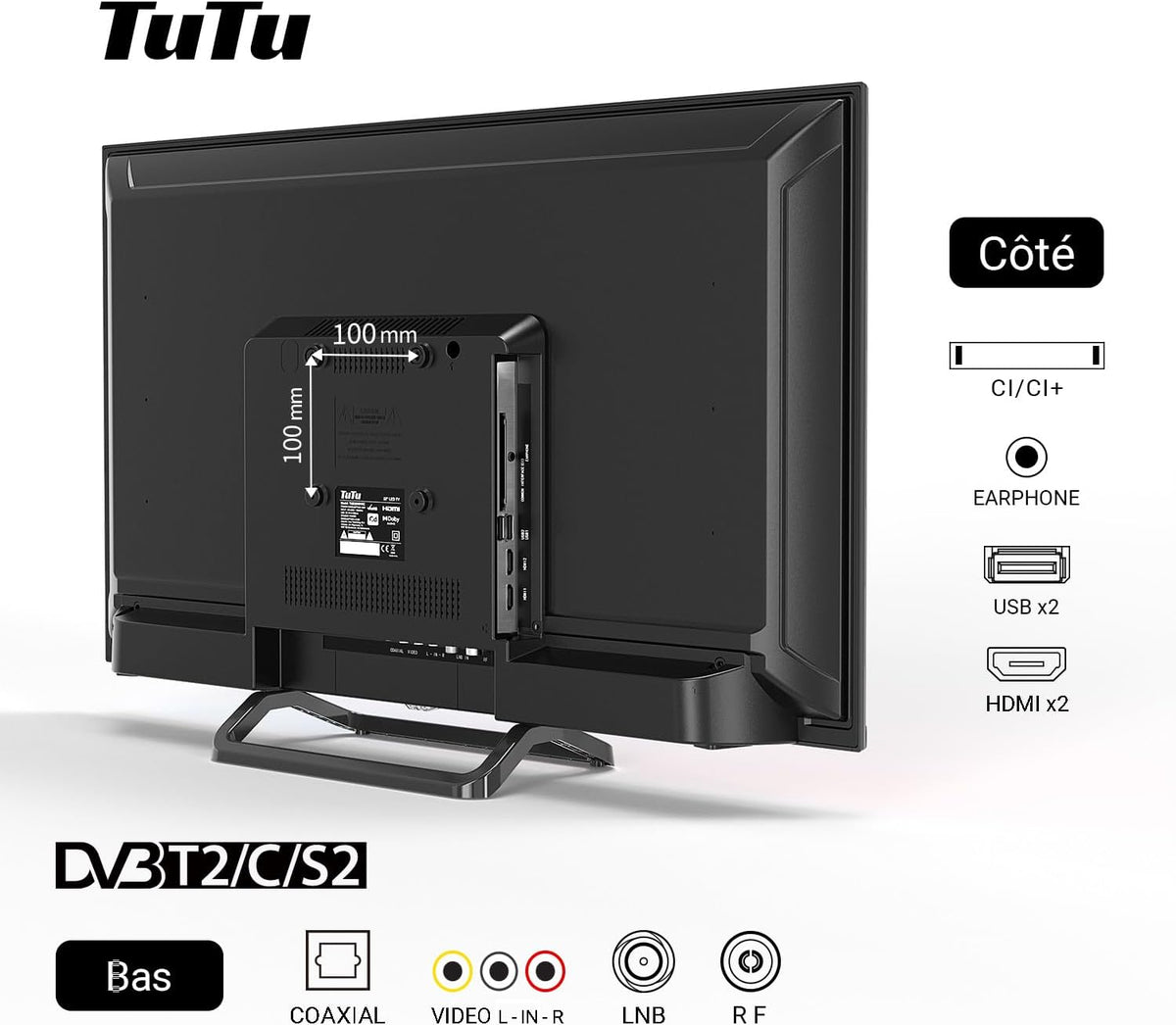 TuTu Téléviseurs 32 Pouces (80 cm) LED Central Pied TV HD Ready Triple Tuner (DVB-C / T2 / S2)  HDMI x2  CI+  Lecteur multimédia USB 2.0  Mode h?tel  Dolby Audio  2024