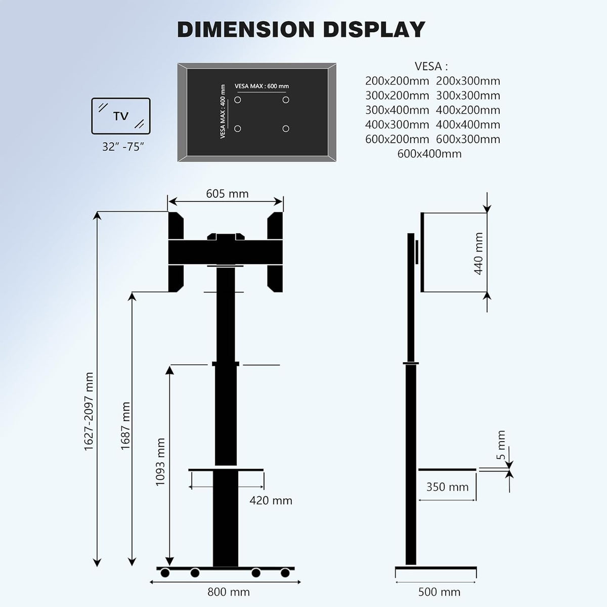 XTRARM Proton 300 Support TV en aluminium sur roulettes avec étagère, pour téléviseurs de 32 à 75" jusqu'à 40 kg, avec multiprise USB, rotatif à 90 °/209 cm, réglable en hauteur, Vesa 600 x 400, noir