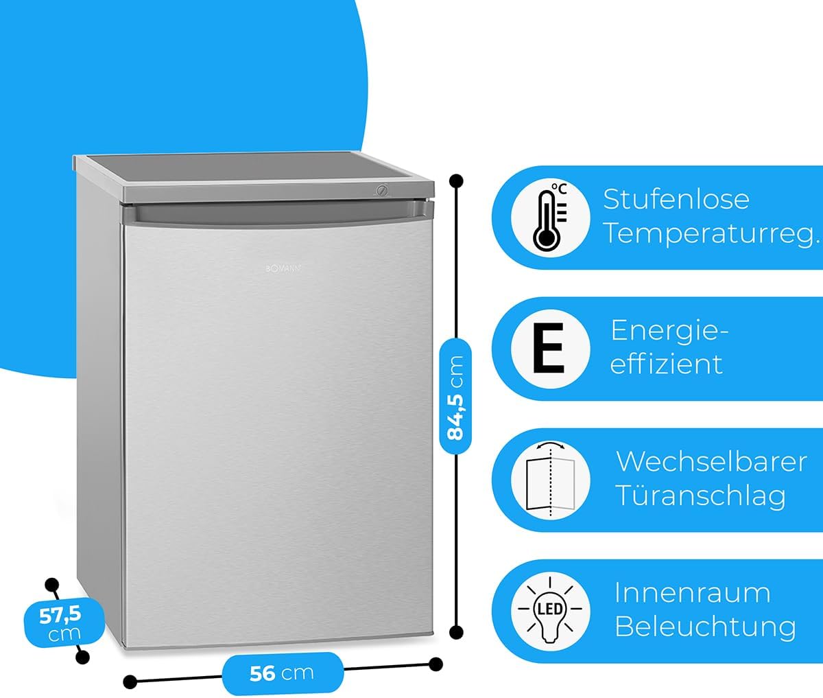 Bomann Réfrigérateur avec petit congélateur 120L inox KS2184-1-inox, Capacité utile : 120 litres, Réglage de la température en continu, Charnière de porte à droite, interchangeable, Pieds réglables