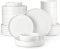 MALACASA, Série LEAH, Service de Table 24 Pièces en Porcelaine pour 6 Personnes | avec 6 Assiettes Plates, 6 Assiettes à Dessert, 6 Bols à Céréales et 6 Bols à Pate | Passe au Lave-vaisselle | Blanc