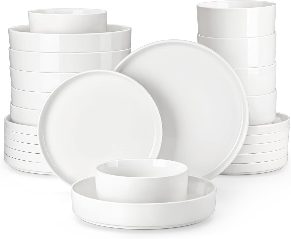 MALACASA, Série LEAH, Service de Table 24 Pièces en Porcelaine pour 6 Personnes | avec 6 Assiettes Plates, 6 Assiettes à Dessert, 6 Bols à Céréales et 6 Bols à Pate | Passe au Lave-vaisselle | Blanc