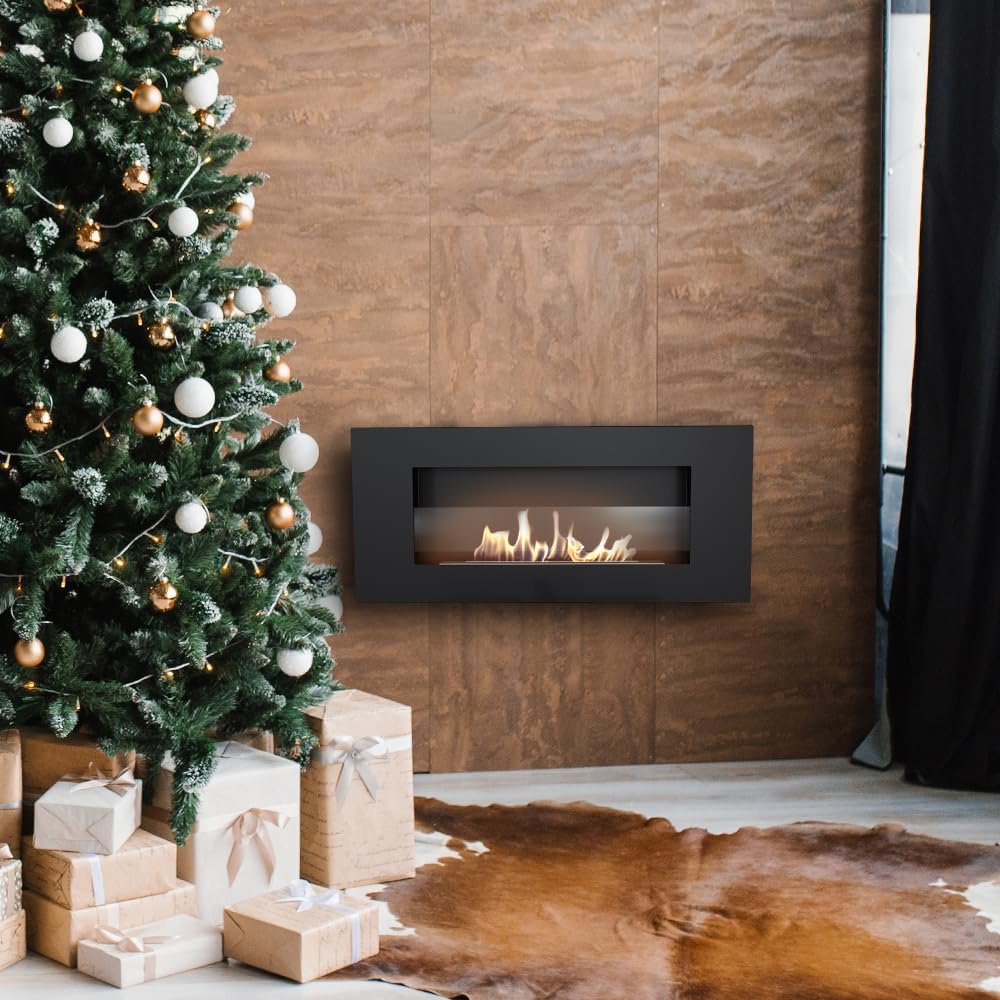 Cheminée Bio KRATKI Delta Flat avec vitrage | 400 x 900 cm | Conteneur de 0,4 L | Noir | Cheminée Murale | Idéal pour la Maison, Le Salon ou la Chambre | Testé TüV - Rhénanie