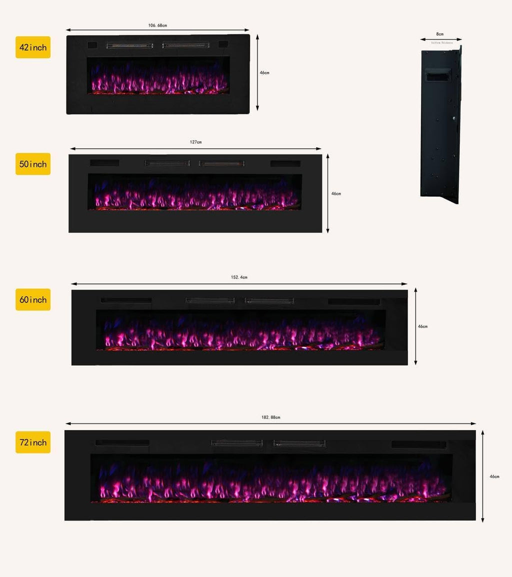 Mystflame Crystal 50 - Cheminée électrique Murale avec Wi-FI, 127 cm, Ultra Fine 8 cm, 12 Couleurs de Flamme, Thermostat 750/1500W, Poêle Confortable, écran Tactile et Minuterie