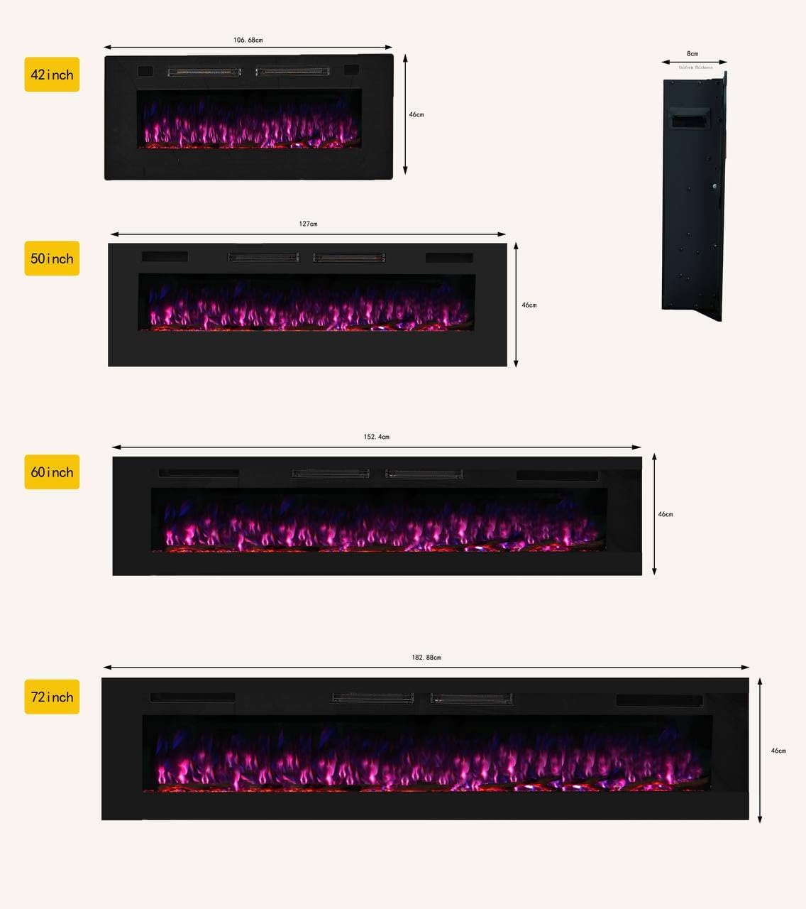 Mystflame Crystal 50 - Cheminée électrique Murale avec Wi-FI, 127 cm, Ultra Fine 8 cm, 12 Couleurs de Flamme, Thermostat 750/1500W, Poêle Confortable, écran Tactile et Minuterie