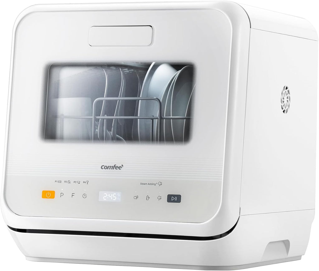 COMFEE' Lave-vaisselle de comptoir, mini lave-vaisselle de table avec 6 programmes, lavage à la vapeur,Soins pour bébé et lavage des fruits, sans plomberie, démarrage différé, 72Heures stockage, blanc