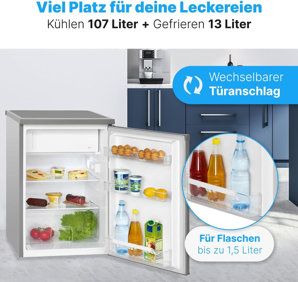 Bomann Réfrigérateur avec petit congélateur 120L inox KS2184-1-inox, Capacité utile : 120 litres, Réglage de la température en continu, Charnière de porte à droite, interchangeable, Pieds réglables