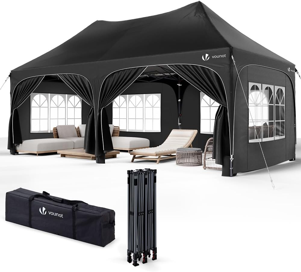 VOUNOT? Tonnelle de Jardin Extérieur 3x6m Barnum Pliant avec 6 Parois Amovibles et 6 Sacs de Sable Tente de Reception Imperméable et Anti-UV pour Camping Festival Mariage Sac de Transport Inclus Noir