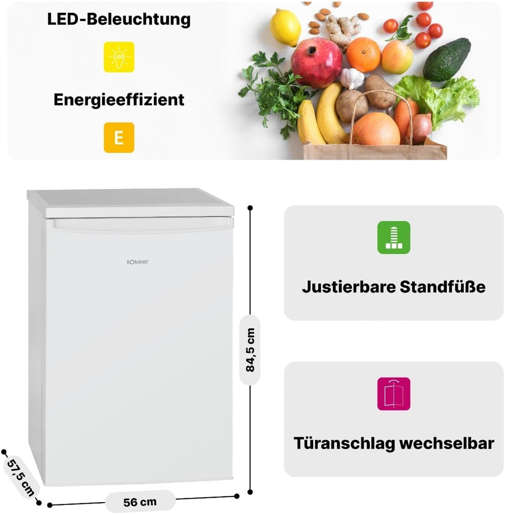 Bomann Réfrigérateur 133L blanc VS2185-1-blanc, Capacité nette : 133 litres, éclairage intérieur à DEL, Contr?le de la température en continu, 3 clayettes en verre