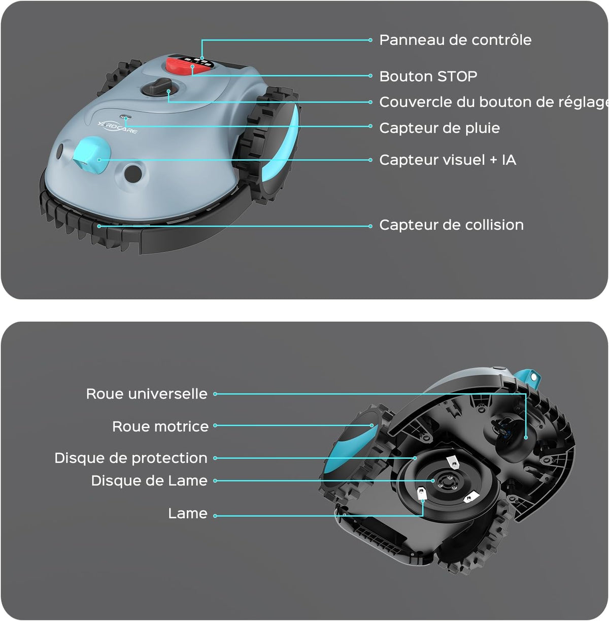 YARDCARE V100 Robot Tondeuse sans Fil Périphérique,avec Navigation par Vision, évitement d'obstacles(150 Sortes), Robot Tondeuse Gazon avec Batterie 4 Ah, Lame de Rechange