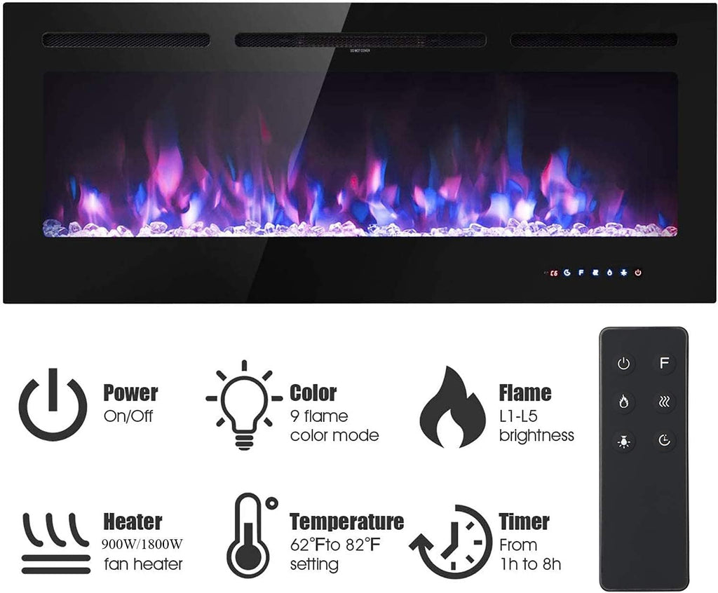 M.C.Haus Cheminée électrique avec écran Tactile et Panneau en Verre coloré pour Insert de Flamme - Chauffage Mural - Télécommande avec Cristal et b?ches - 900/1800 W (102 cm, Noir)