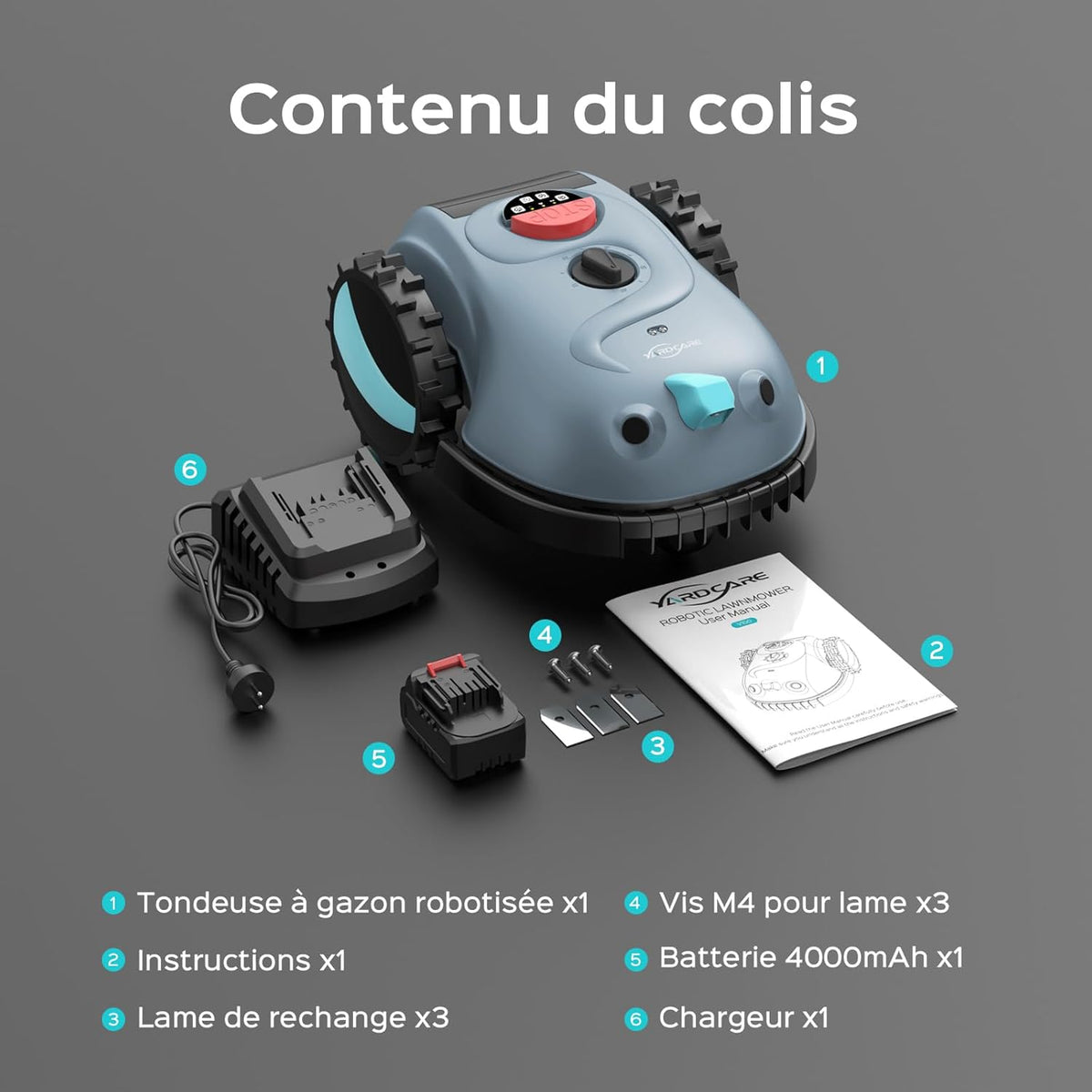 YARDCARE V100 Robot Tondeuse sans Fil Périphérique,avec Navigation par Vision, évitement d'obstacles(150 Sortes), Robot Tondeuse Gazon avec Batterie 4 Ah, Lame de Rechange