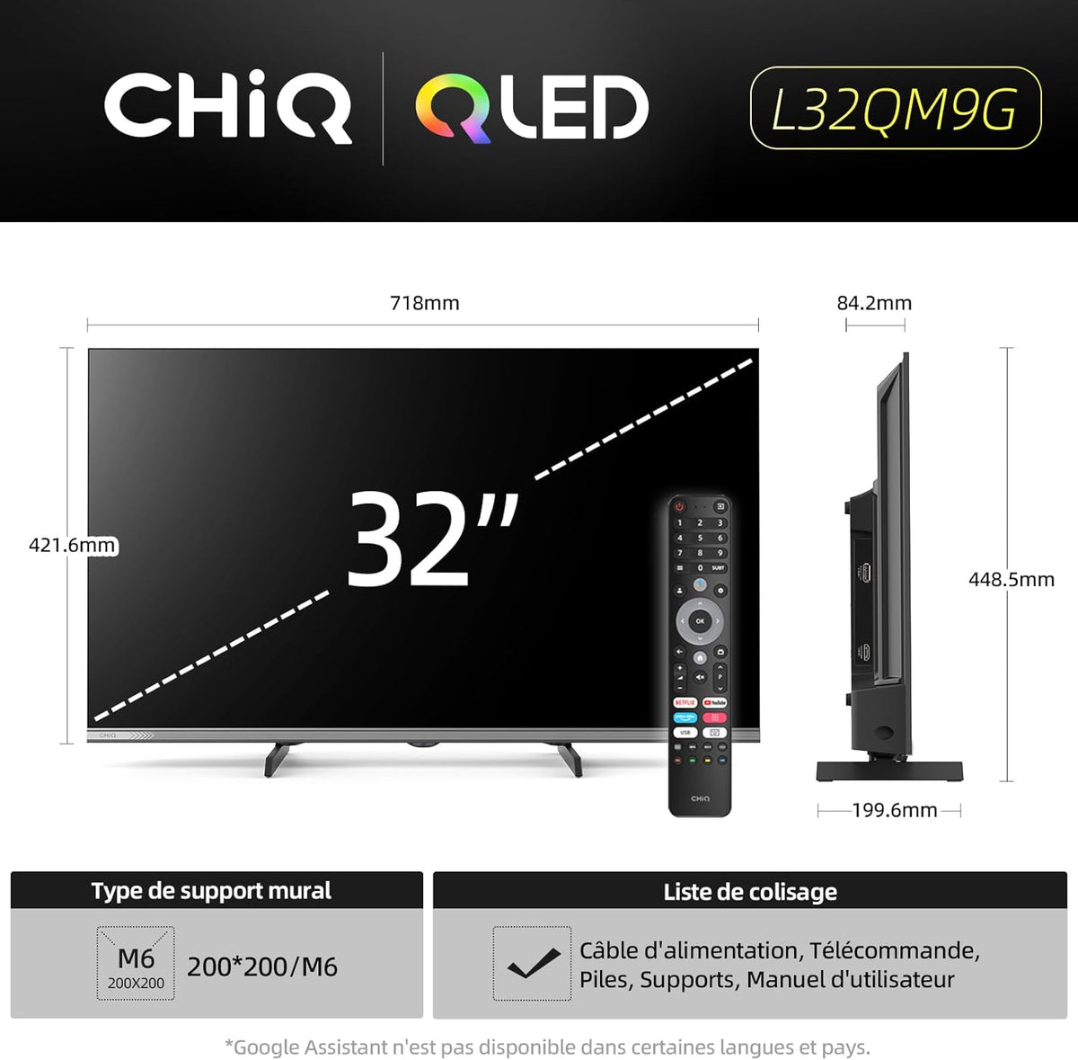 CHIQ L32QM9G 32 Pouces (80 cm) FHD Smart Téléviseur  QLED  HDR10  Google TV  Google Assistant  Tuner Triple  Dolby Audio  DBX-TV  Chromecast intégré  HDMI  USB  sans Cadre en Métal  Noir