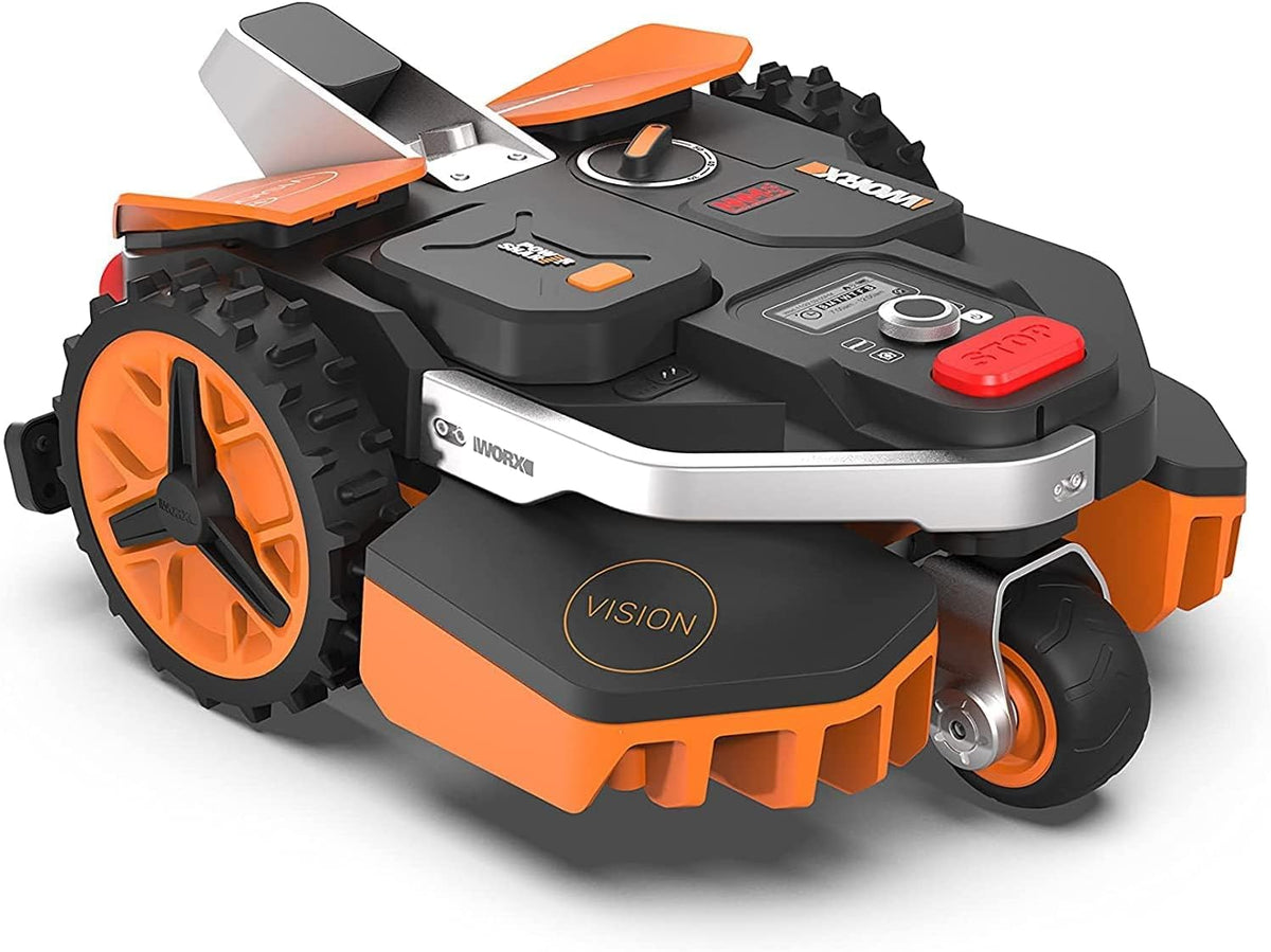 WORX LANDROID Vision WR206E.1, Robot Tondeuse sans Fil périphérique 600 m2 Surf.Max 700 m2, Installation en 30 Min, Caméra 4K + IA Adaptative, évite Tous Les Obstacles, Coupe des Bordures, Multizone