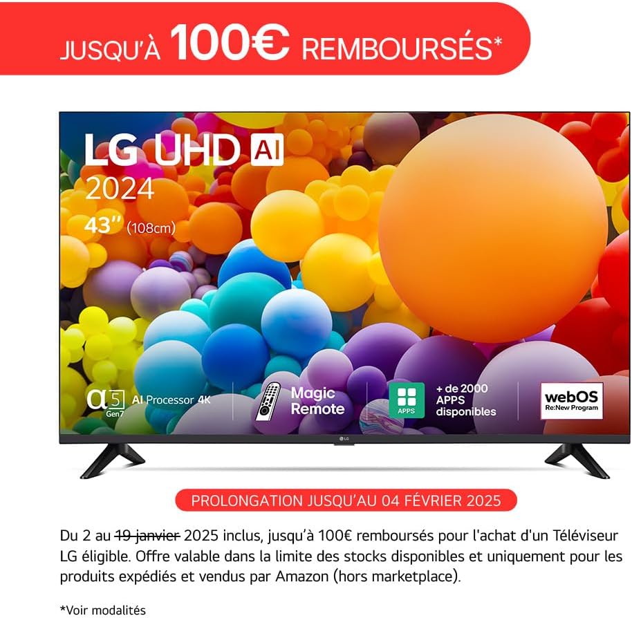 LG TV LED 2024 | 43UT73 | 43 Pouces | UHD | Processeur α5 gen 7 AI 4K  Noir