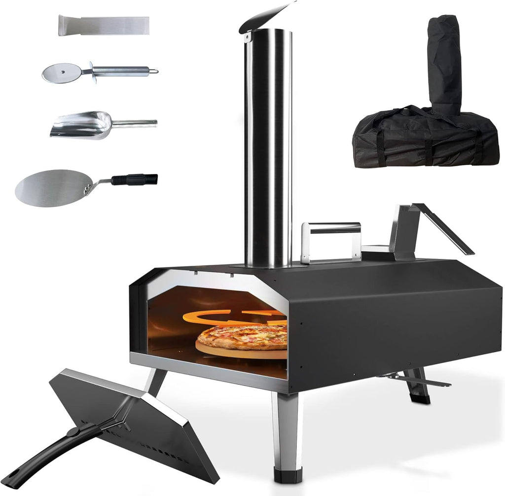 Four a Pizzas extérieurs à bois: KitchenBoss aciers inoxydables portable grille pizza avec pierre tournante de jardin avec granulés Combustible approprié : granulés, Charbon et briquettes