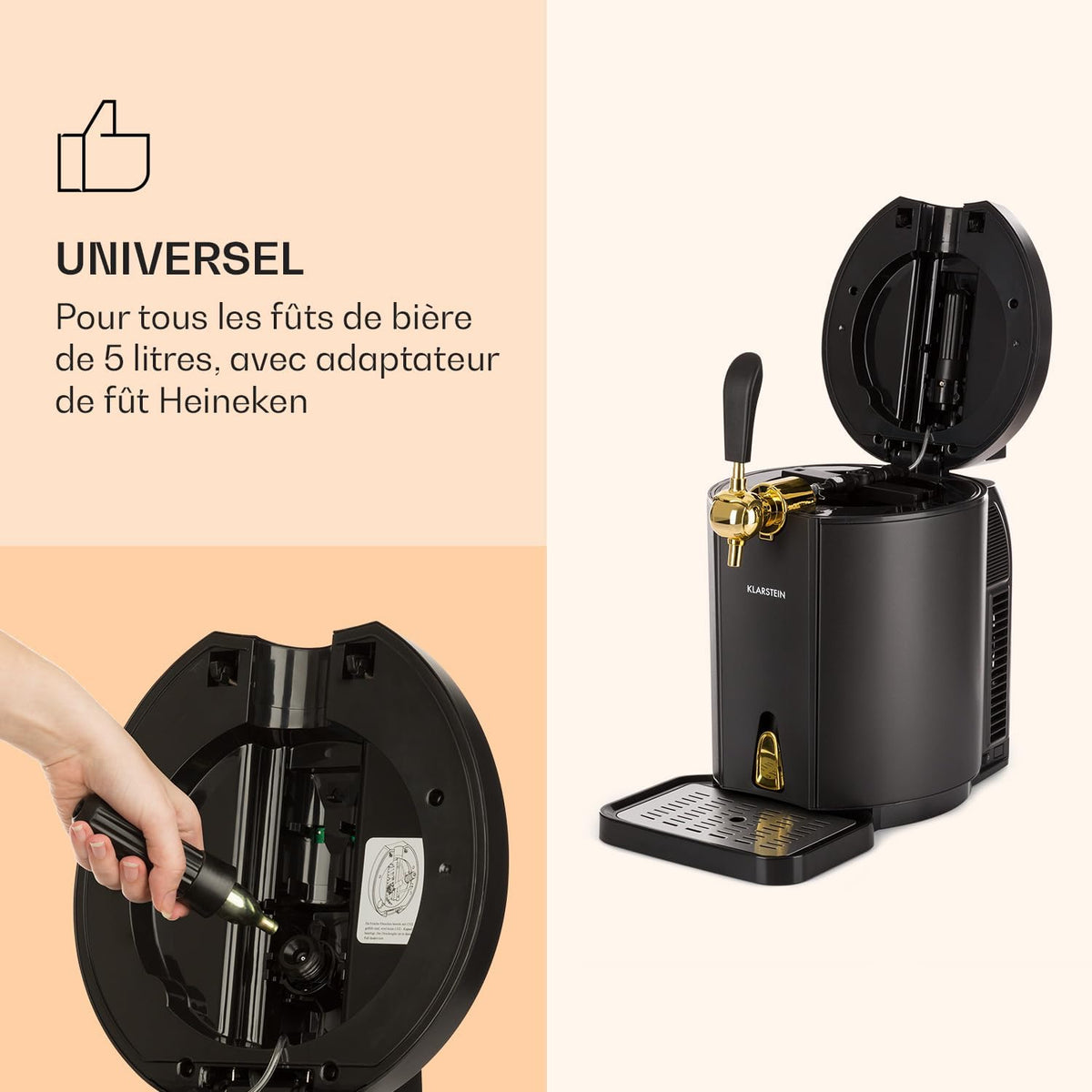 KLARSTEIN Skal - Tireuse à bière  Machine à bière  Appareil à bière  Adapté pour f?ts de 5 litres  Système de cartouches CO2 à pression  3 cartouches CO2 incluses  écran LED  Silencieux  noir