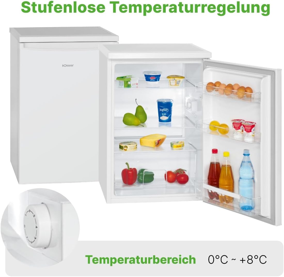 Bomann Réfrigérateur 133L blanc VS2185-1-blanc, Capacité nette : 133 litres, éclairage intérieur à DEL, Contr?le de la température en continu, 3 clayettes en verre
