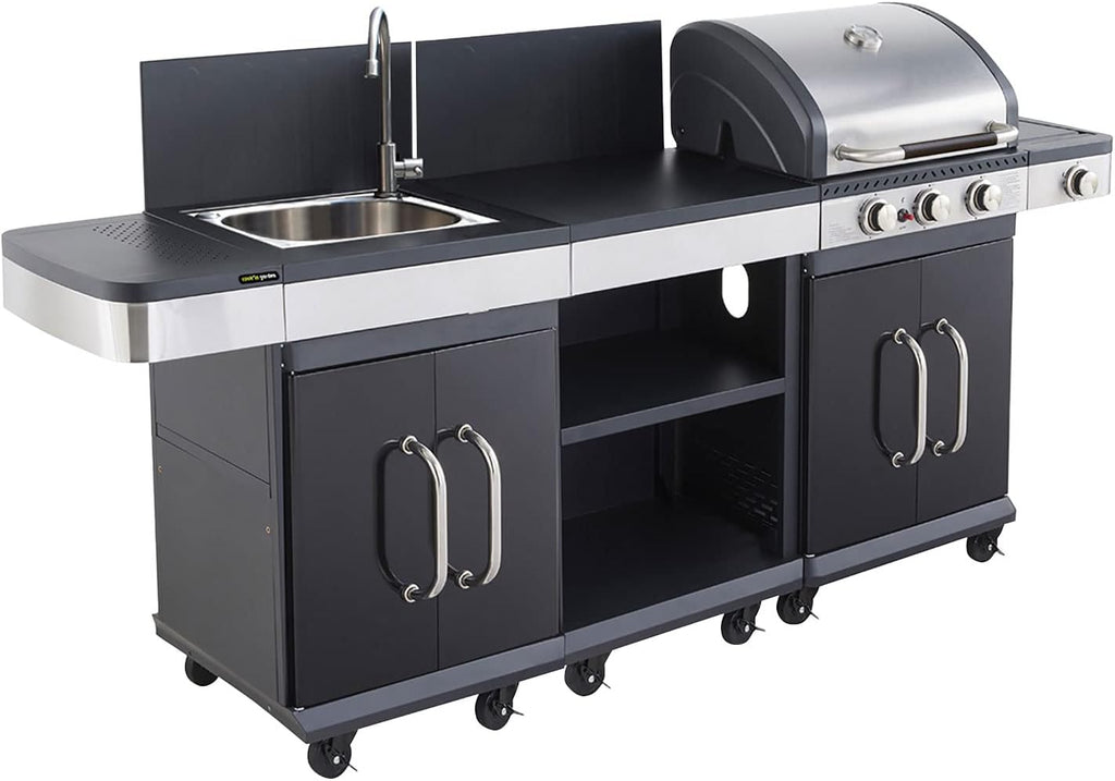 Cook'in Garden Cuisine extérieure modulable FIDGI 3 - Barbecue au gaz 3 br?leurs avec thermomètre  Meuble d'appoint desserte  et évier