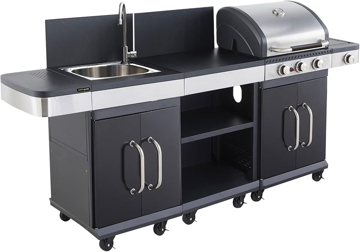 Cook'in Garden Cuisine extérieure modulable FIDGI 3 - Barbecue au gaz 3 br?leurs avec thermomètre  Meuble d'appoint desserte  et évier