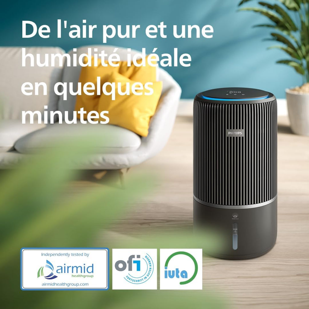 Philips Série 3400 Purificateur d'Air et Humidificateur 2 en 1, Filtre HEPA NanoProtect + Filtre à Charbon Actif, Humidification Hygiénique, CADR 300 m3/h, Taux d'Humidification 650 ml/h (AC3421/13)