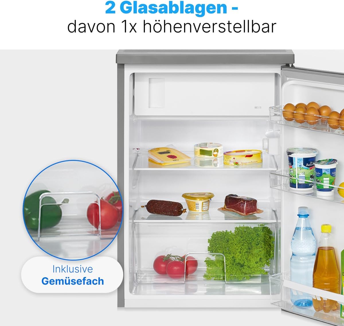 Bomann Réfrigérateur avec petit congélateur 120L inox KS2184-1-inox, Capacité utile : 120 litres, Réglage de la température en continu, Charnière de porte à droite, interchangeable, Pieds réglables