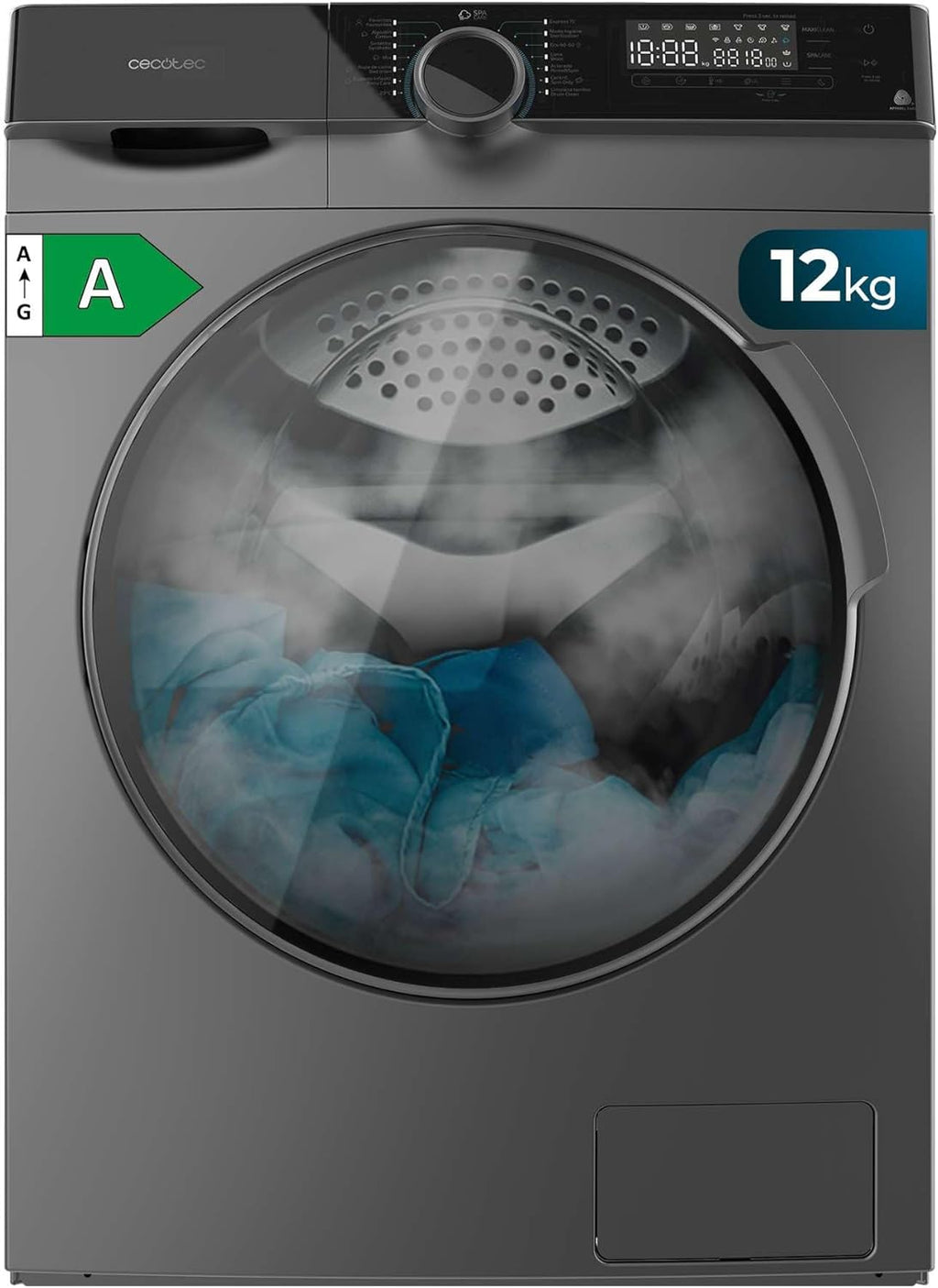 Cecotec Lave-linge 12 kg Chargement Frontal Bolero DressCode 121000 Steel. 1400 tr/min max réglables, 2000 W, certification WoolMark, moteur Inverter Plus, 14 programmes, Spa Care, départ différé.