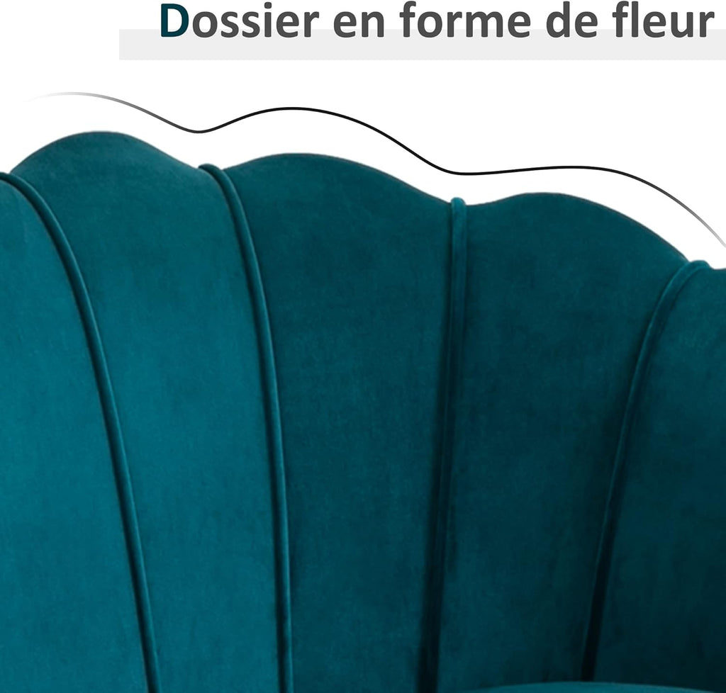 HOMCOM Canapé 2 Places en Tissu Velours, Petit canapé, en Forme de Coquillage, avec Coussin épais de 10 cm, canapé, Structure en métal, Pieds dorés effilés, Facile à Assembler, Bleu Canard