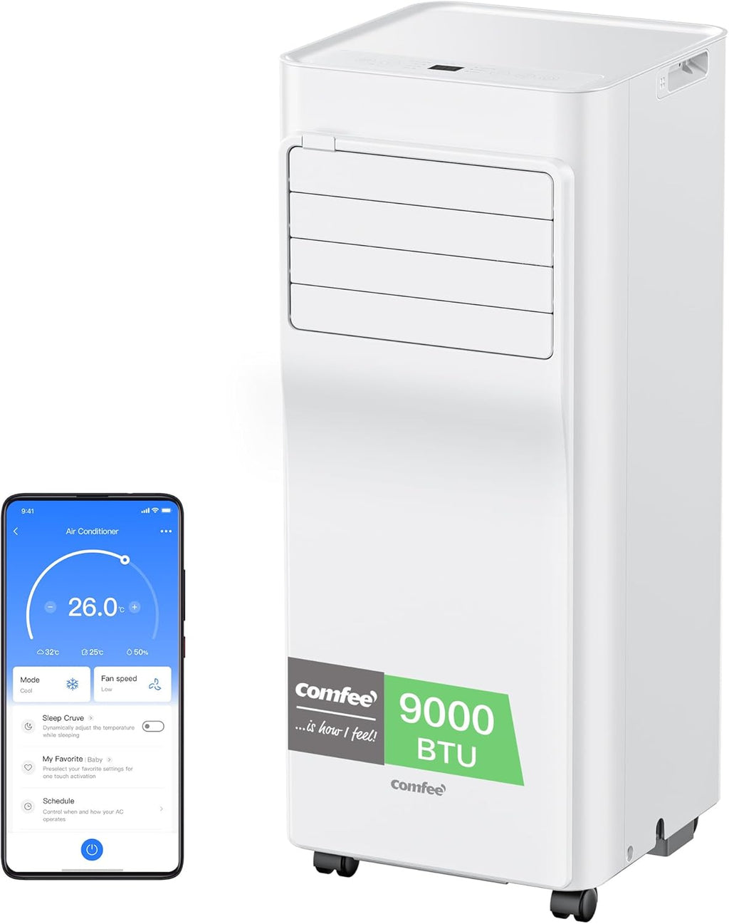 COMFEE' Climatiseur Mobile 9000 BTU/h 2,6kW, Contr?le APP, 3 Modes, 3 Vitesses de ventilation, Dimensions compactes, Pour pièces de 33㎡, Breezy Cool 2.6, Fonctionne avec Alexa