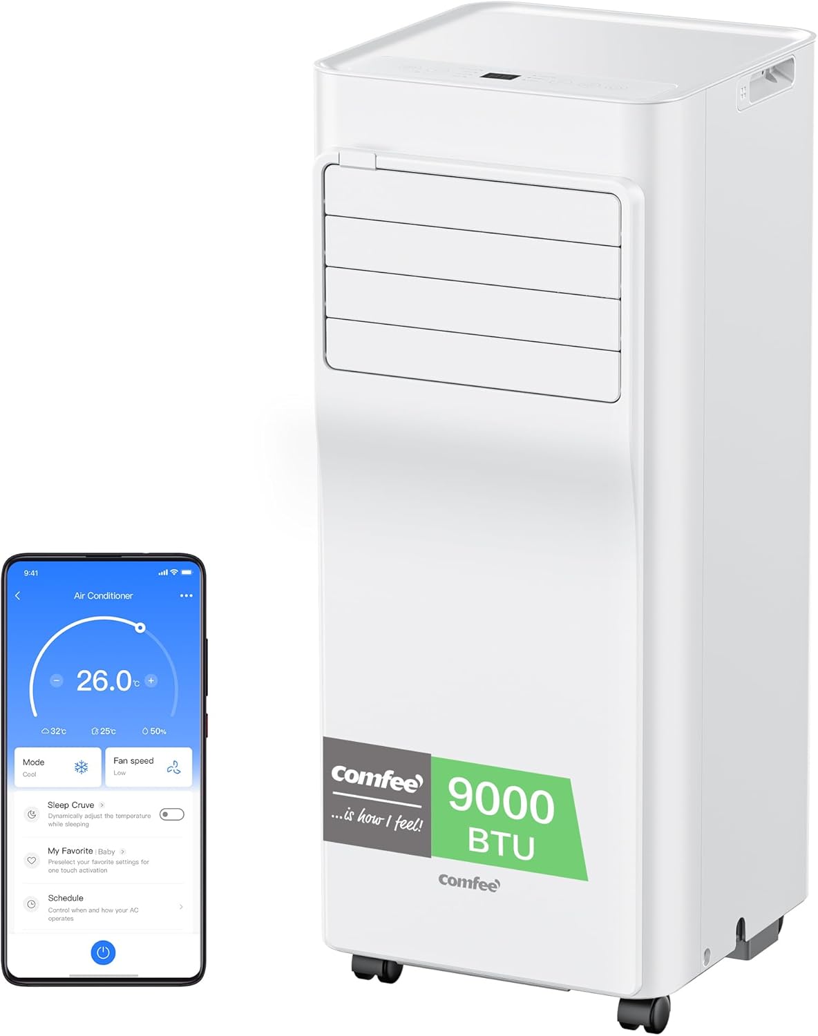 COMFEE' Climatiseur Mobile 9000 BTU/h 2,6kW, Contr?le APP, 3 Modes, 3 Vitesses de ventilation, Dimensions compactes, Pour pièces de 33㎡, Breezy Cool 2.6, Fonctionne avec Alexa