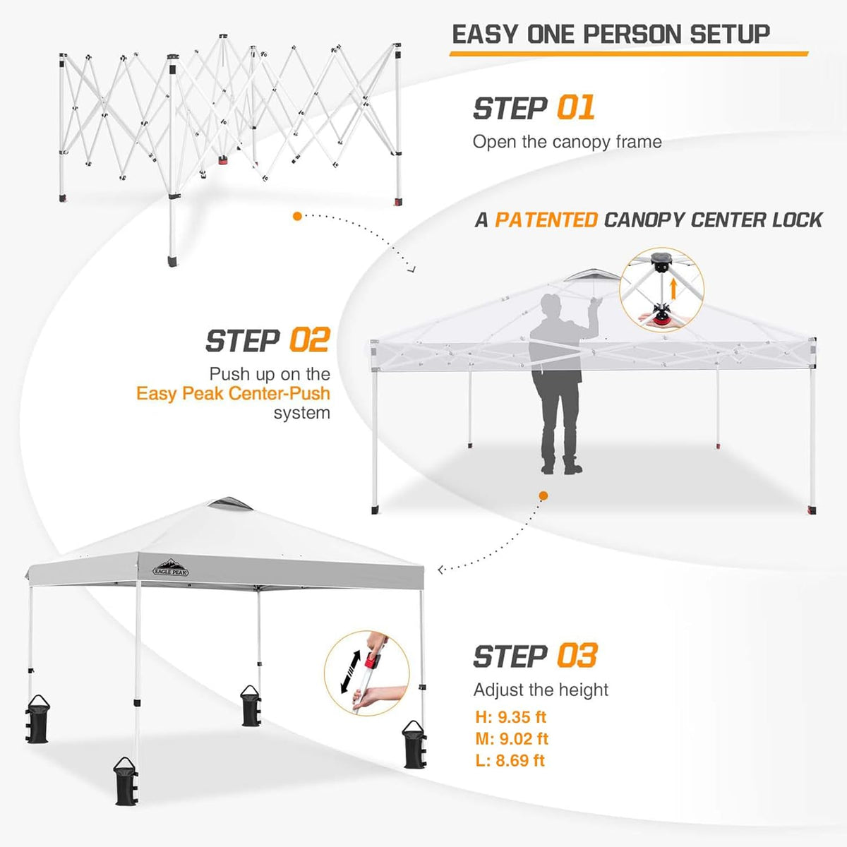 EAGLE PEAK Pop-up tonnelle de Jardin Pliable 3x3m, Tente Pliante avec Pieds Droits Hauteur réglable auvent pour Camping Plage Festival avec Sac à roulettes (Blanc)