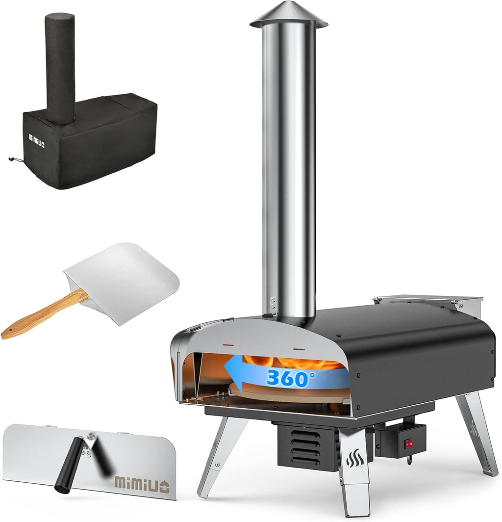 Mimiuo Four à Pizza Noir au Charbon de Bois pellets, Four à Bois Premium pour Jardin avec système de Rotation Automatique, avec Pelle et Pierre à Pizza (Tisserie W-Oven Series)