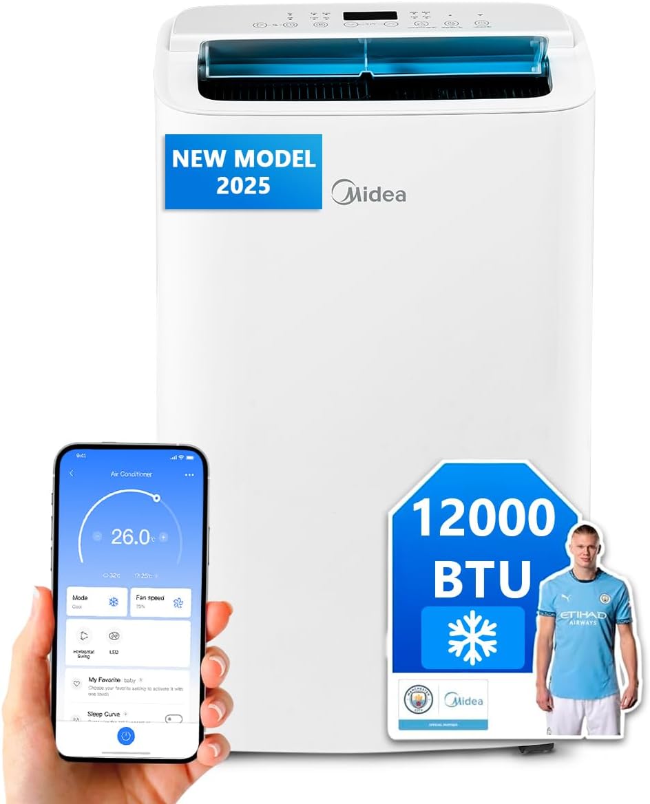 MIDEA Climatiseur Mobile Silencieux 12000 BTU avec évacuation - Climatisation Portable Prêt à Poser 3500W - Clim Réversible Split Mobile - 4 modes avec Kit de Fenêtre et App Control
