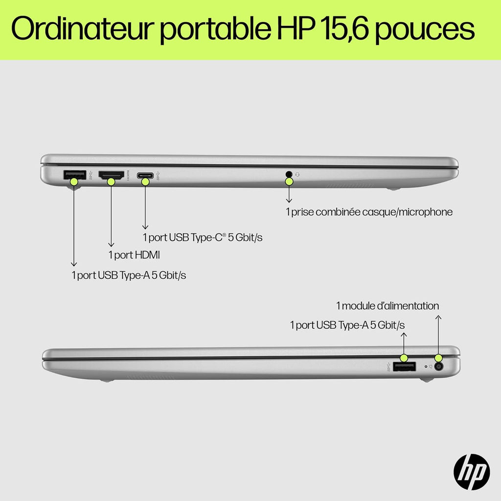 HP 15-fd0004sf Ordinateur Portable 15 6" FHD  PC Portable (Intel Core i3-N305  RAM 8 Go  SSD 512 Go  Intel UHD Graphics  Windows 11)  Laptop Argent  Clavier AZERTY