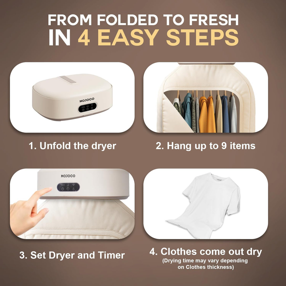 MOJOCO Sèche-linge portable - Sèche-linge mini / compact pour appartement, caravane, voyage, petite machine silencieuse à séchage rapide avec minuterie réglable et chaleur qui réduit les plis