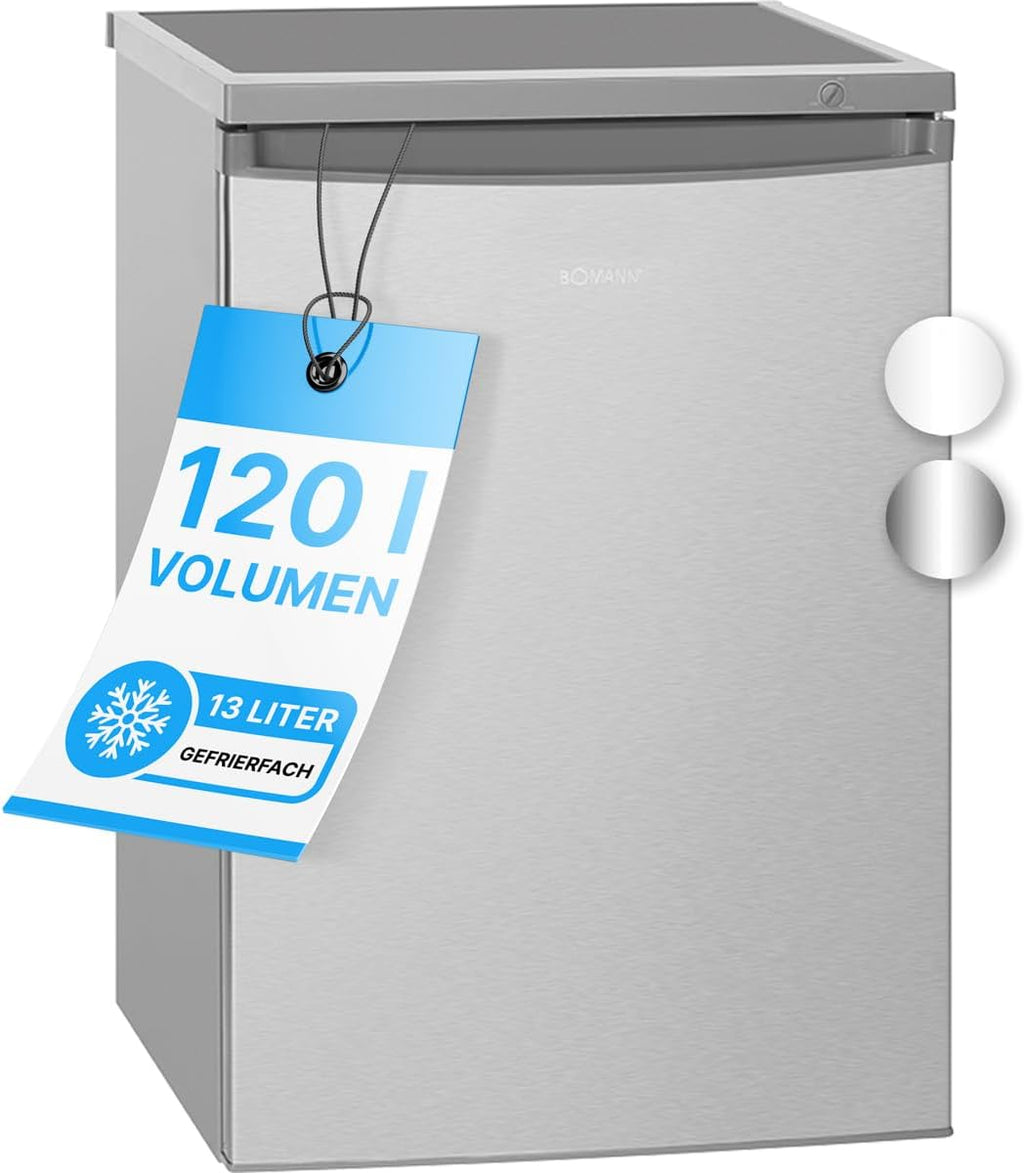 Bomann Réfrigérateur avec petit congélateur 120L inox KS2184-1-inox, Capacité utile : 120 litres, Réglage de la température en continu, Charnière de porte à droite, interchangeable, Pieds réglables