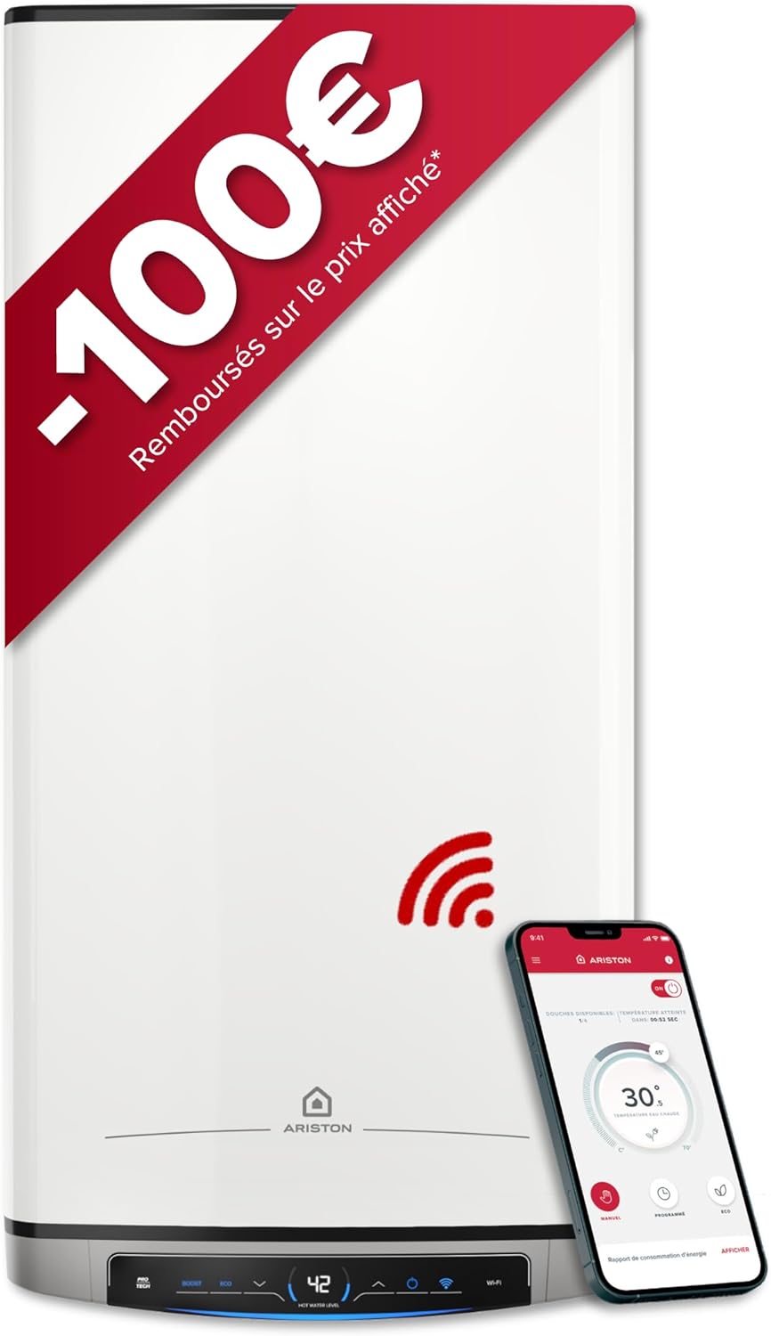 Ariston Velis Evo Dune Dry WiFi 45L – Chauffe-Eau Plat Intelligent – Gain de place Ultra-Plat 27cm – Multiposition – 25% d'économie d'énergie – Flexibilité énergétique – Installation en France