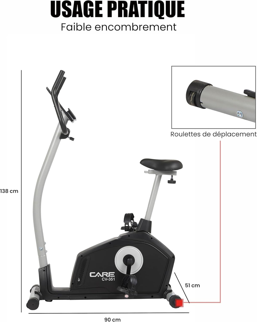 CARE FITNESS - Vélo d’Appartement Motorisé CV-351 – Masse d'Inertie 10kg - Résistance Magnétique à 16 Niveaux - 7 Programmes d'Entra?nement - Selle Ajustable - Connectivité Application Kinomap