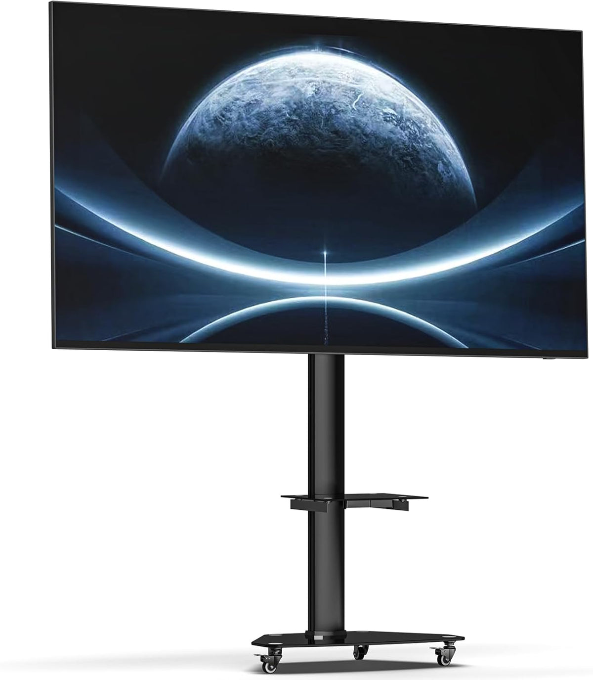 XTRARM Proton 300 Support TV en aluminium sur roulettes avec étagère, pour téléviseurs de 32 à 75" jusqu'à 40 kg, avec multiprise USB, rotatif à 90 °/209 cm, réglable en hauteur, Vesa 600 x 400, noir