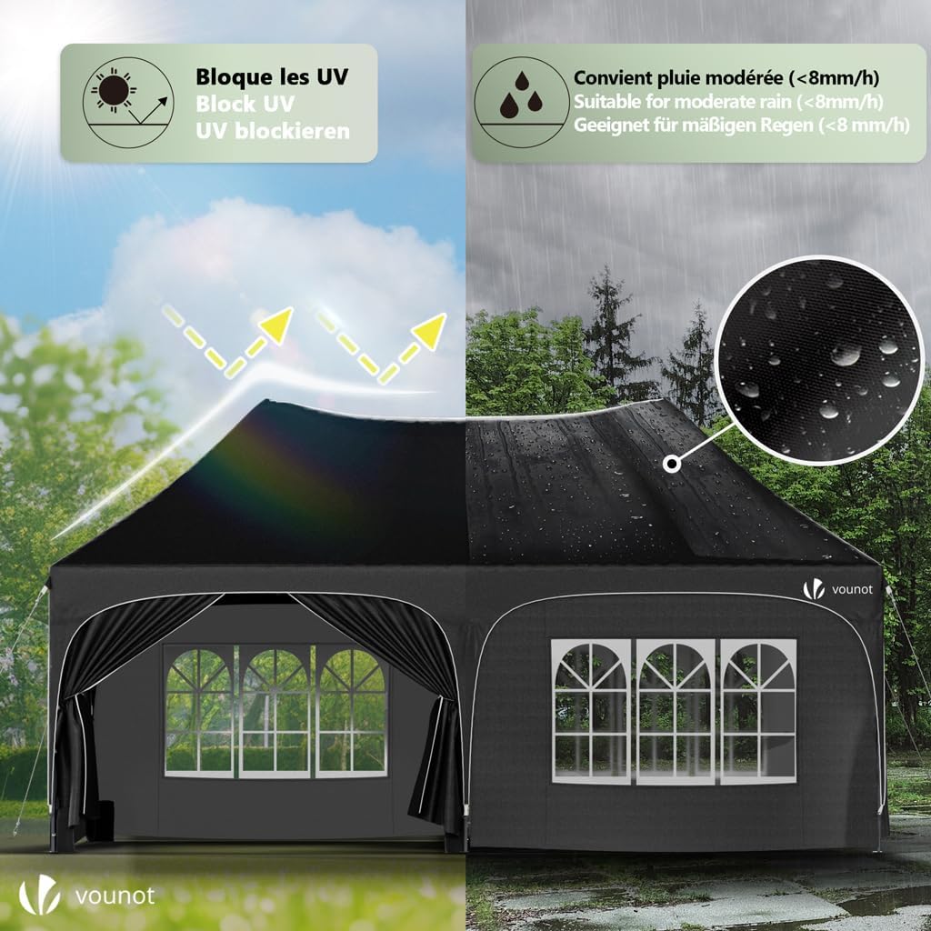 VOUNOT? Tonnelle de Jardin Extérieur 3x6m Barnum Pliant avec 6 Parois Amovibles et 6 Sacs de Sable Tente de Reception Imperméable et Anti-UV pour Camping Festival Mariage Sac de Transport Inclus Noir