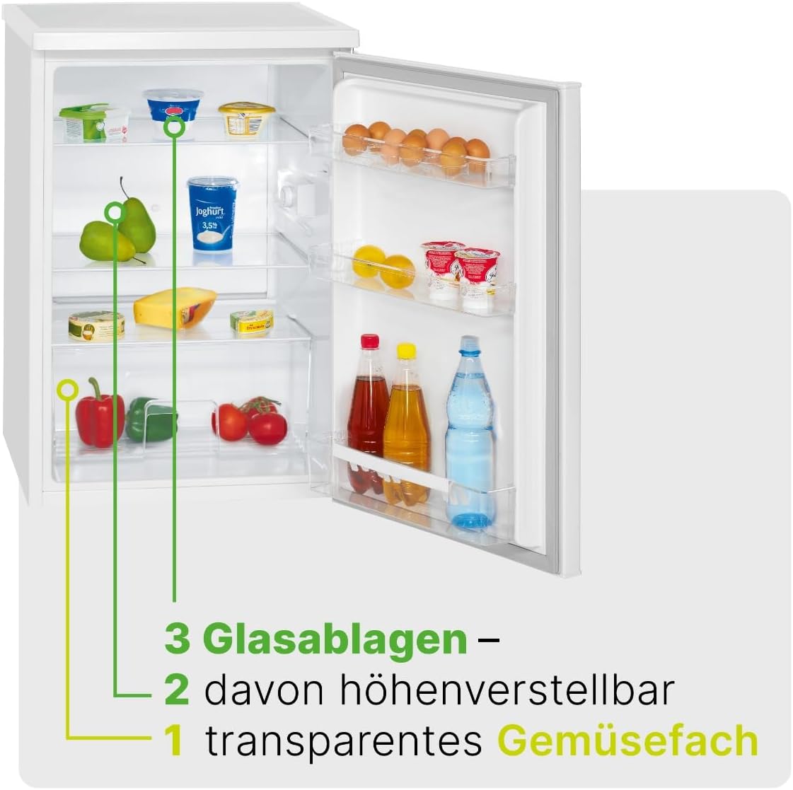 Bomann Réfrigérateur 133L blanc VS2185-1-blanc, Capacité nette : 133 litres, éclairage intérieur à DEL, Contr?le de la température en continu, 3 clayettes en verre