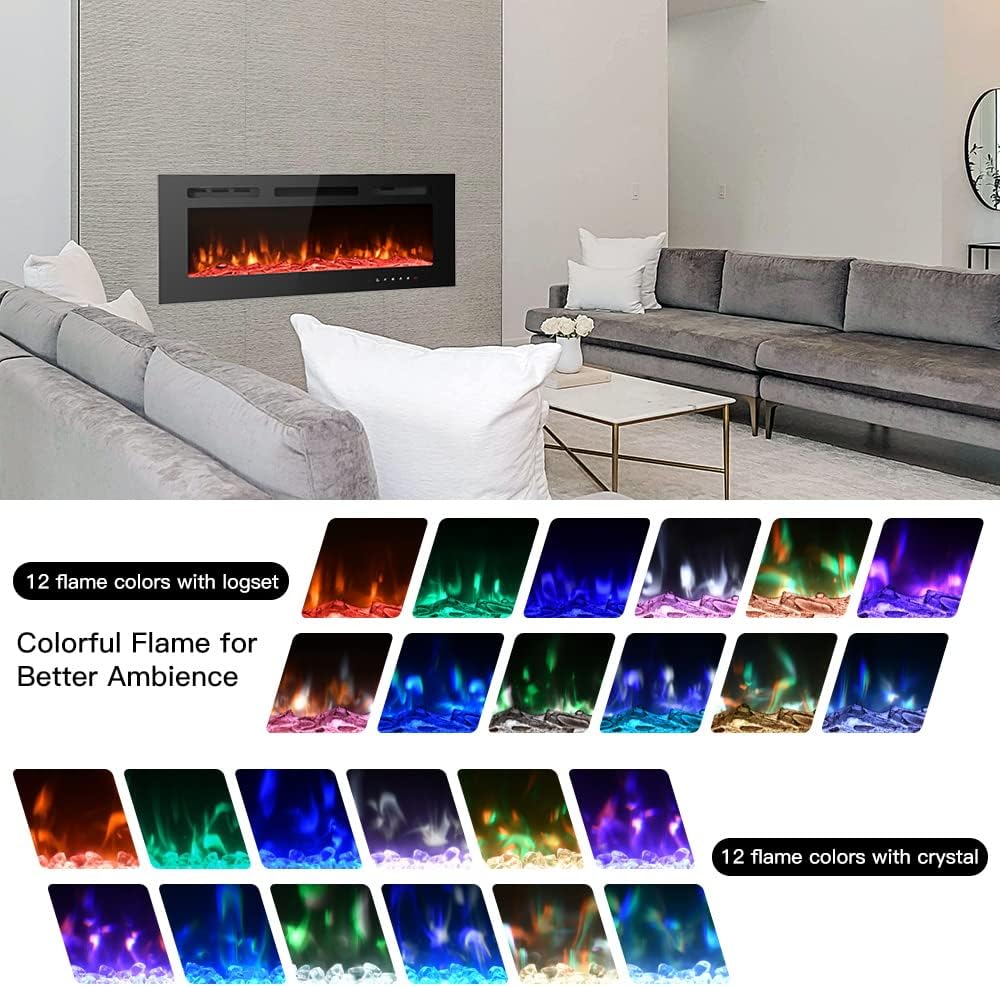 M.C.Haus Cheminée électrique Ultra-Mince, Silencieuse, 12 Couleurs de Flamme Variables, écran Tactile en Verre et Télécommande, avec Jeu de B?ches et Cristal(102cm,Noir)